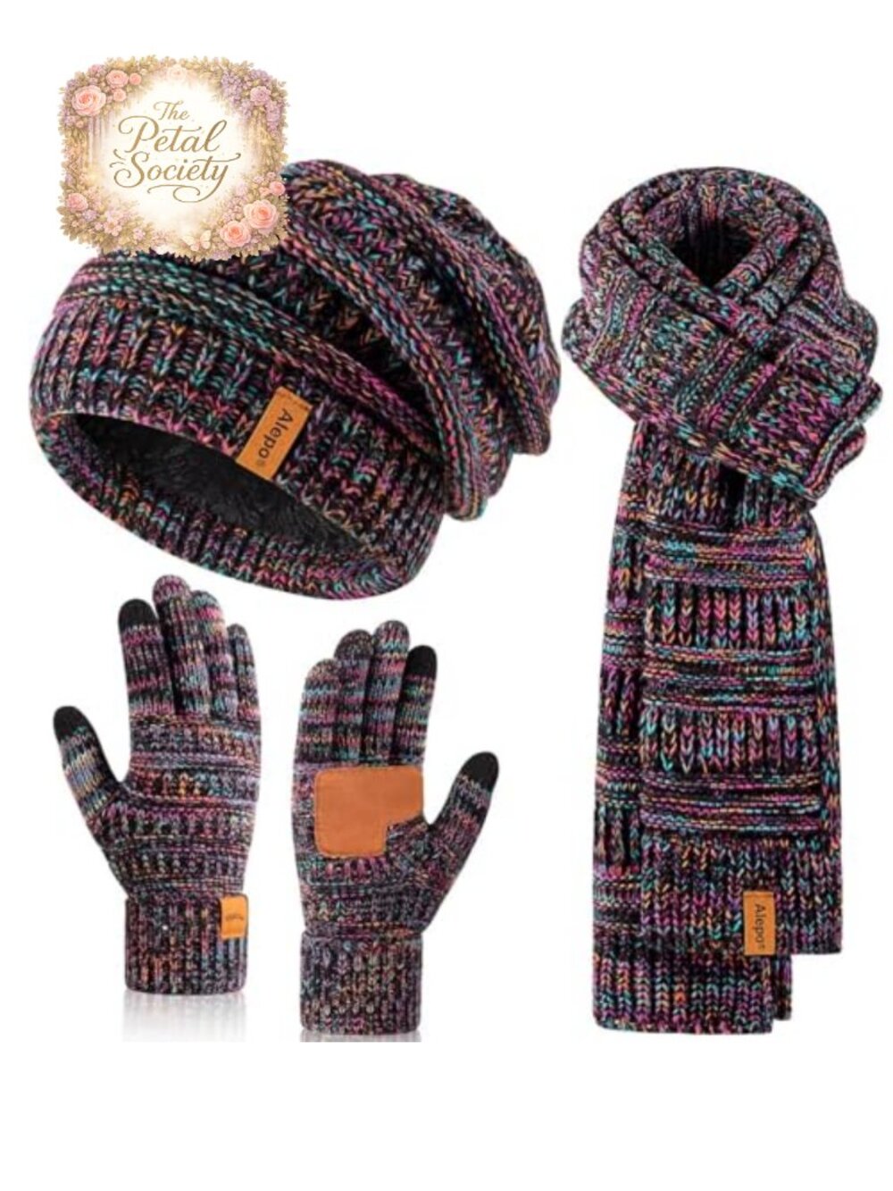 Women's Slouchy Beanie Long Knit Scarf Touchscreen Gloves 3-Piece Winter Set
